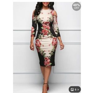 Dresses - Sleeve Cold Shoulder Flower Print Dress Dresses - Sleeve Cold Shoulder Flower Print Dress